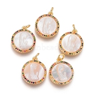 Brass Pendants, with Micro Pave Cubic Zirconia, Shell and Jump Rings, Flat Round with Virgin Mary, Colorful, Golden, 18x15x3mm, Hole: 3mm(KK-I656-44G-01)