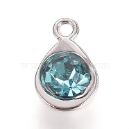 Faceted Glass Charms, with Platinum Plated Alloy Findings, Teardrop, December Birthstone Charms, Aquamarine, 11.3x7.2x4.2mm, Hole: 1.2mm(RGLA-TAC0001-01C)