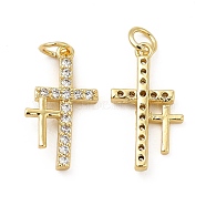 Brass Micro Pave Cubic Zirconia Pendants, with Jump Ring, Religion Cross Charm, Golden, 20.5x11.5x3mm, Hole: 3.3mm(KK-E068-VB262)
