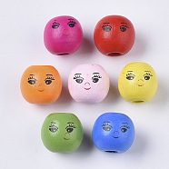 Spray Painted Natural Wood Beads, Round with Face, Mixed Color, 13.5x13mm, Hole: 4mm, about 590pcs/500g(WOOD-T019-31)