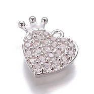 Brass Cubic Zirconia Charms, Heart with Crown, Clear, Platinum, 13.5x14.5x3mm, Hole: 1.2mm(ZIRC-O029-10P)