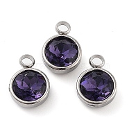 Glass Charms, May Birthstone Charms, Faceted, with 304 Stainless Steel Findings, Flat Round, Indigo, 14x10x6.5mm, Hole: 2.5mm(GLAA-G019-P14)
