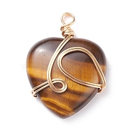 Natural Tiger Eye Pendants, with Golden Tone Copper Wire Wrapped, Heart, 40.5x30x8.5mm, Hole: 4.2mm(PALLOY-JF01490-04)