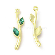 Rack Plating Alloy Pendants, with Glass, Leafy Branch Charms, Cadmium Free & Nickel Free & Lead Free, Light Gold, Green, 27.5x7.5x3mm, Hole: 1.4mm(FIND-C018-07LG-02)