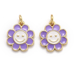 Brass Enamel Charms, Real 18K Gold Plated, Long-Lasting Plated, Flower, Medium Purple, 14.5x13x1.5mm, Hole: 3mm(KK-O135-01D)