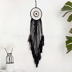 Iron Woven Web/Net with Feather Pendant Decorations, with Wood Beads, Covered with Polycotton Cord, Flat Round, Black, 110.5x20cm(DARK-PW0001-094)