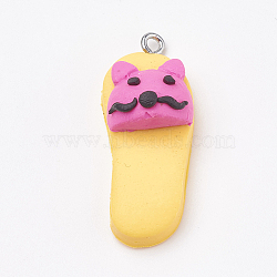 Handmade Polymer Clay Pendants, with Iron Findings, Slipper with Animal, Platinum, Yellow, 34~35x14x12mm, Hole: 2mm(CLAY-T012-27)