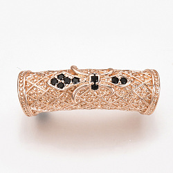 Brass Micro Pave Cubic Zirconia Tube Beads, Large Hole Beads, Black, Rose Gold, 28x9x9.5mm, Hole: 6mm(ZIRC-T004-60RG)