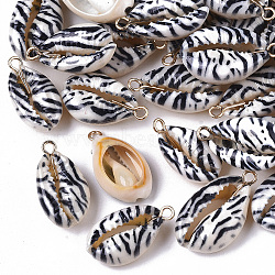 Printed Natural Cowrie Shell Pendants, with Golden Plated Brass Loop, Zebra-stripe Pattern, White, 19~23x11~13x6.5~7.5mm, Hole: 2mm(X-SSHEL-R047-02-A01)