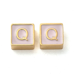 304 Stainless Steel Enamel Beads, Real 14K Gold Plated, Square with Letter, Letter Q, 8x8x4mm, Hole: 2mm(STAS-L022-293G-Q)