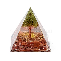 Orgonite Pyramid Resin Energy Generators, Reiki Natural Carnelian Chips & Wire Wrapped Natural Peridot Tree of Life Inside for Home Office Desk Decoration, 59.5x59.5x59.5mm(DJEW-D013-06B)