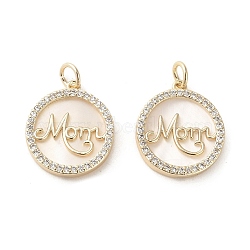 Mother's Day Brass Micro Pave Cubic Zirconia Pendants, with Shell, Flat Round with Word Mama, Real 18K Gold Plated, 18x15.5x3.5mm, Hole: 3mm(KK-P260-26G)