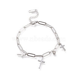 304 Stainless Steel Charm Bracelets, with Paperclip Chains and Clear Cubic Zirconia, Cross, Stainless Steel Color, 6-7/8 inch(17.5cm)(STAS-D152-02P)