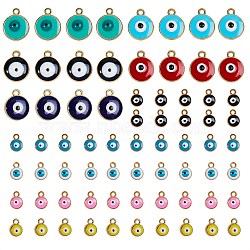 Light Gold Plated Alloy Charms, with Enamel, Flat Round with Evil Eye, Mixed Color, 70pcs/box(ENAM-SZ0001-37LG)