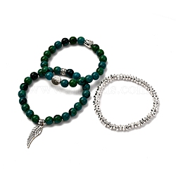 Synthetic Chrysocolla & Non-magnetic Hematite Stretch Bracelets Set for Men Women Gift, with Buddha Head & Wing Alloy Charm & Beads, Inner Diameter: 2-1/8~2-3/8 inch(5.5~6cm), 3pcs/set(BJEW-JB06727)