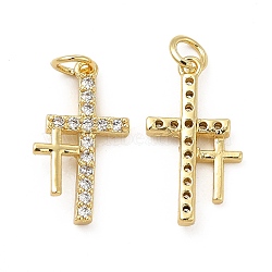 Brass Micro Pave Cubic Zirconia Pendants, with Jump Ring, Religion Cross Charm, Golden, 20.5x11.5x3mm, Hole: 3.3mm(KK-E068-VB262)