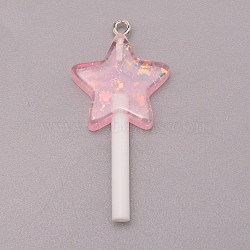 Resin Pendants, with Platinum Tone Iron Loop and Paillette/Sequins, Plastic Handle, Star Lollipop, Pink, 42x20x7mm, Hole: 2mm(RESI-WH0025-11C)