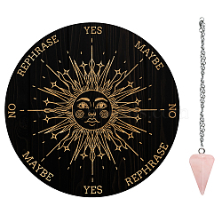 AHADEMAKER Divination Sets, including 1Pc PVC Plastic Pendulum Board, 1Pc 304 Stainless Steel Cable Chain Necklaces, 1Pc Natural Rose Quartz Stone Pendants, Sun Pattern, Board: 200x4mm(AJEW-GA0005-67F)