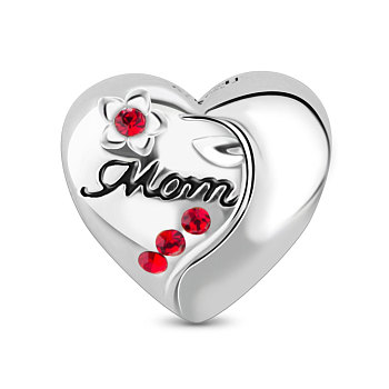TINYSAND Mother's Day Theme, Heart Rhodium Plated 925 Sterling Silver European Large Hole Beads, with Cubic Zirconia, and Word Mom, Platinum, 10.88x11.62x8.47mm, Hole: 4.63mm