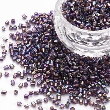 Glass Bugle Beads, Silver Lined Colours Rainbow, Medium Purple, 2.5~3x2mm, Hole: 0.9mm, about 15000pcs/pound