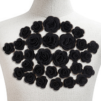 Nbeads 3D Rose Flower Polyester Computerized Embroidered Ornament Accessories, for Costume, Hat, Bag, Black, 42x10mm and 28x11mm, 30pcs/box