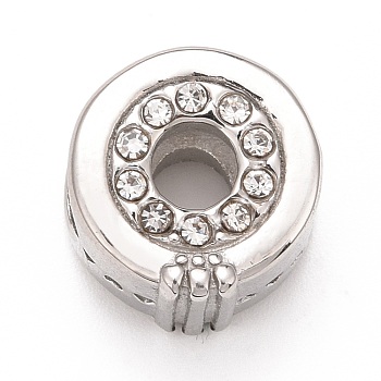 304 Stainless Steel European Beads, with Crystal Rhinestone, Large Hole Beads, Flat Round, Stainless Steel Color, 11.5x11x8mm, Hole: 4.5mm