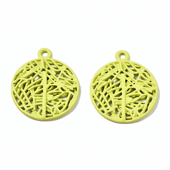 Spray Painted Alloy Pendants, Cadmium Free & Nickel Free & Lead Free, Branch, Yellow Green, 22x18.5x2mm, Hole: 1.6mm