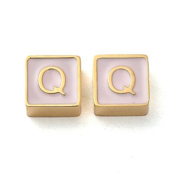 304 Stainless Steel Enamel Beads, Real 14K Gold Plated, Square with Letter, Letter Q, 8x8x4mm, Hole: 2mm