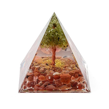Orgonite Pyramid Resin Energy Generators, Reiki Natural Carnelian Chips & Wire Wrapped Natural Peridot Tree of Life Inside for Home Office Desk Decoration, 59.5x59.5x59.5mm