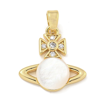 Brass with Clear Cubic Zirconia with Sea Shell Pendant, Planet, White, Real 18K Gold Plated, 16.5x16x3.5mm, Hole: 5x3mm