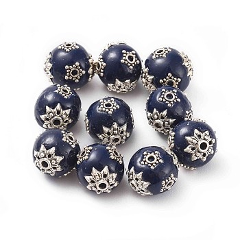 Handmade Indonesia Beads, with Polymer Clay, Alloy Bead Caps and Alloy Findings, Oval, Antique Silver, Midnight Blue, 13~15x13~14mm, Hole: 2mm
