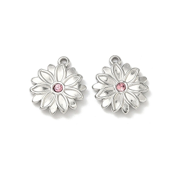 304 Stainless Steel Rhinestone Pendants, Flower Charms, Stainless Steel Color, 16x15x2.5mm, Hole: 1.3mm