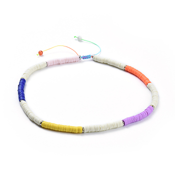 Handmade Polymer Clay Heishi Beads Braided Necklaces, with Cat Eye Beads, Brass Bead Spacers and Nylon Thread, White, 16.9 inch~22.4 inch(43~57cm)