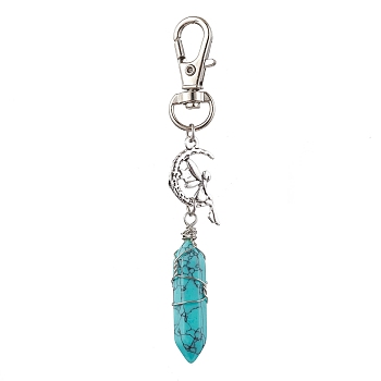 Pointed Synthetic Turquoise Pendant Decorations, with Alloy Pendants and Swivel Lobster Claw Clasps, Fairy and Bullet, 87mm