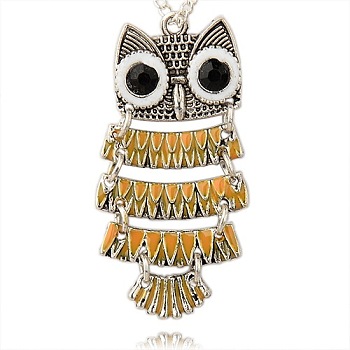 Antique Silver Alloy Enamel Owl Pendants, with Resin Cabochons, Orange, 48x21x2mm, Hole: 2.5mm