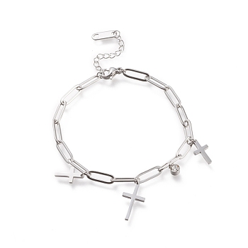 304 Stainless Steel Charm Bracelets, with Paperclip Chains and Clear Cubic Zirconia, Cross, Stainless Steel Color, 6-7/8 inch(17.5cm)