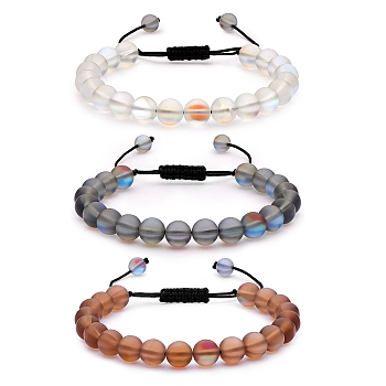 3Pcs Round Synthetic Moonstone Braided Bead Bracelets, Gemstone Jewelry for Women, Gray, Inner Diameter: 1-7/8~3-1/4 inch(4.8~8.3cm)