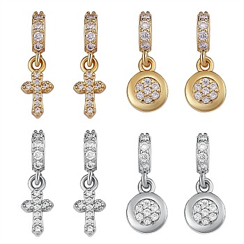 8Pcs 4 Styles Brass Micro Pave Clear Cubic Zirconia European Dangle Charms, Large Hole Pendants, Long-Lasting Plated, Cross & Flat Round, Real Gold Plated & Real Platinum Plated, 18~20mm, Pendant: 10~12x6~7.5x2mm, Hole: 5x3mm, 2pcs/style