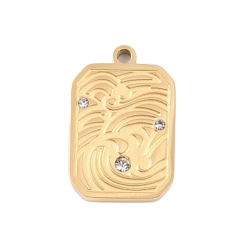 Ion Plating(IP) 304 Stainless Steel Pendants, with Rhinestone, Rectangle, Golden, 16x10x2mm, Hole: 1.2mm