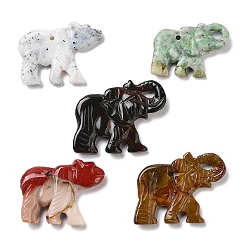 Natural Red Jasper/Unakite/Dyed & Heated Black Agate/Agate Animal Carved Pendants, Elephant Charms, 23~32x38~40x4~7mm, Hole: 2~2.4mm