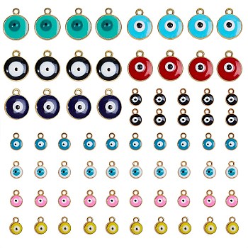 Light Gold Plated Alloy Charms, with Enamel, Flat Round with Evil Eye, Mixed Color, 70pcs/box