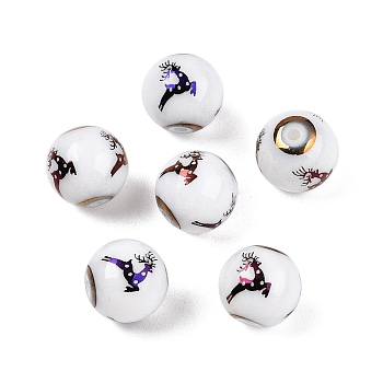 Christmas Opaque Glass Beads, Round with Electroplate Elk Christmas Reindeer/Stag Pattern, Purple Plated, 10mm, Hole: 1.2mm