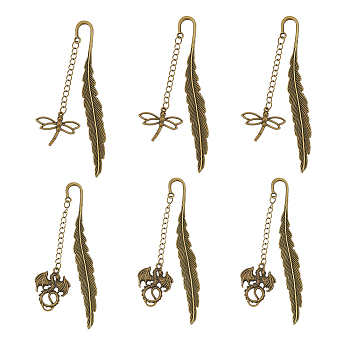 SUPERFINDINGS 6Pcs Tibetan Style Alloy Pendant Bookmarks, Tassel Dangle Book Markers, Dragon & Dragonfly, Antique Bronze, 117x15x3mm
