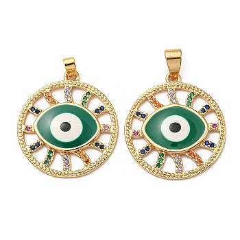 Real 18K Gold Plated Brass Pendants, with Cubic Zirconia and Enamel, Flat Round with Evil Eye Charms, Green, 26x23.5x3mm, Hole: 6x4mm
