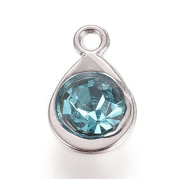 Faceted Glass Charms, with Platinum Plated Alloy Findings, Teardrop, December Birthstone Charms, Aquamarine, 11.3x7.2x4.2mm, Hole: 1.2mm