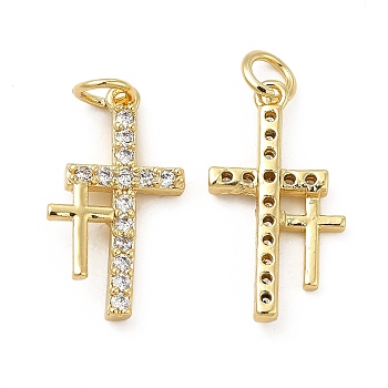 Brass Micro Pave Cubic Zirconia Pendants, with Jump Ring, Religion Cross Charm, Golden, 20.5x11.5x3mm, Hole: 3.3mm