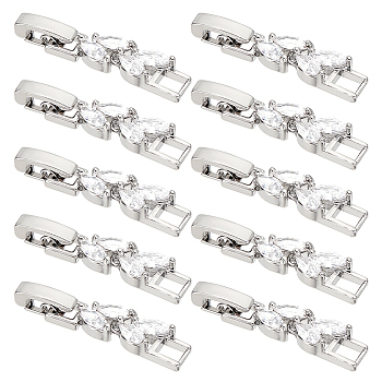 10Pcs Brass Clear Cubic Zirconia Watch Band Clasps, Long-Lasting Plated, Leaf, Platinum, 32x6x4mm, Hole: 3x3.7mm