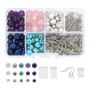 DIY Jewelry Set Making, Earrings with Natural Amethyst & Rose Quartz & Lapis Lazuli Beads, Synthetic Howlite & Gemstone Beads, 304 Stainless Steel Eye Pin & Flat Head Pins & Earring Hooks, Mixed Color, 390Pcs/Box