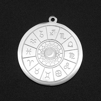 201 Stainless Steel Pendants, Laser Cut, Flat Round with Constellation, Stainless Steel Color, 27.5x25x1mm, Hole: 1.4mm