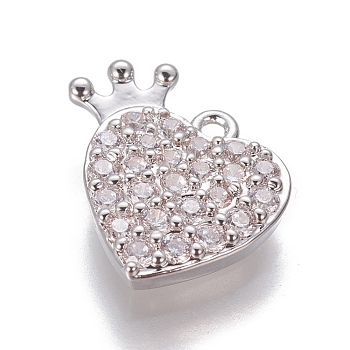 Brass Cubic Zirconia Charms, Heart with Crown, Clear, Platinum, 13.5x14.5x3mm, Hole: 1.2mm